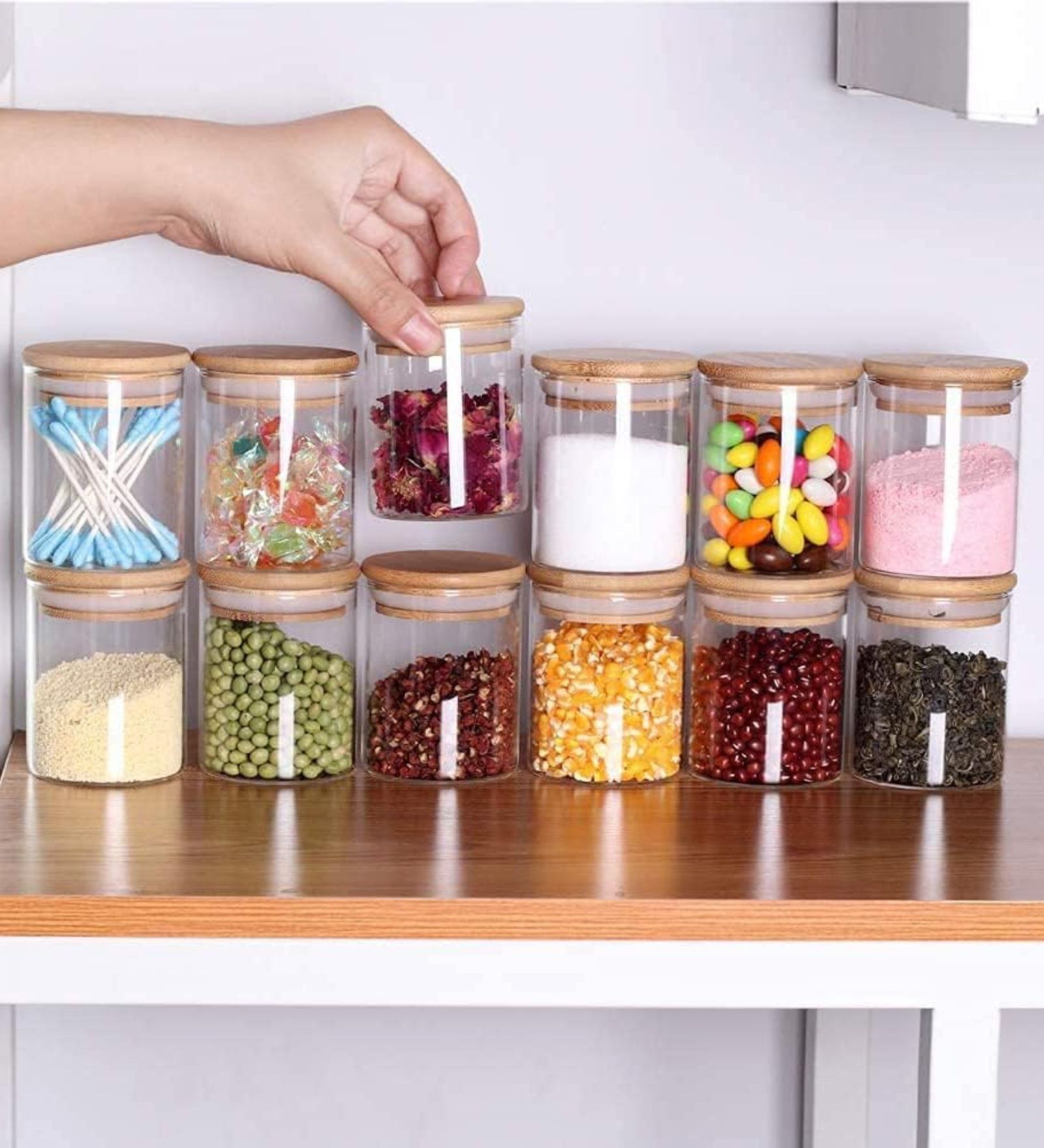 Spice Jars with Airtight Bamboo Lid [Round, Pack Of 12, 220ml]